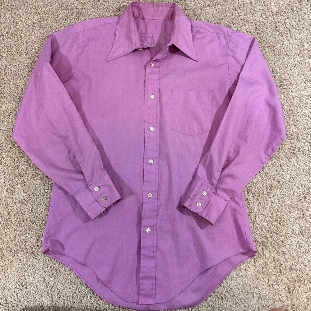Vintage Button Down Shirt Mens 15 Purple Good 70s Retro Pointed Collar Disco